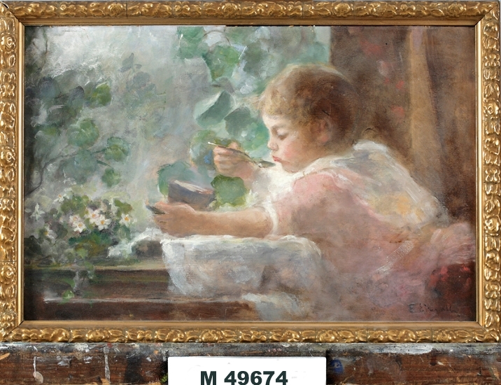 Akvarellmålning (kopia).
Litet barn (pojke) blåser på sin varma morgonchoklad.
På baksidan text: "Lillebror 6/3 1921".