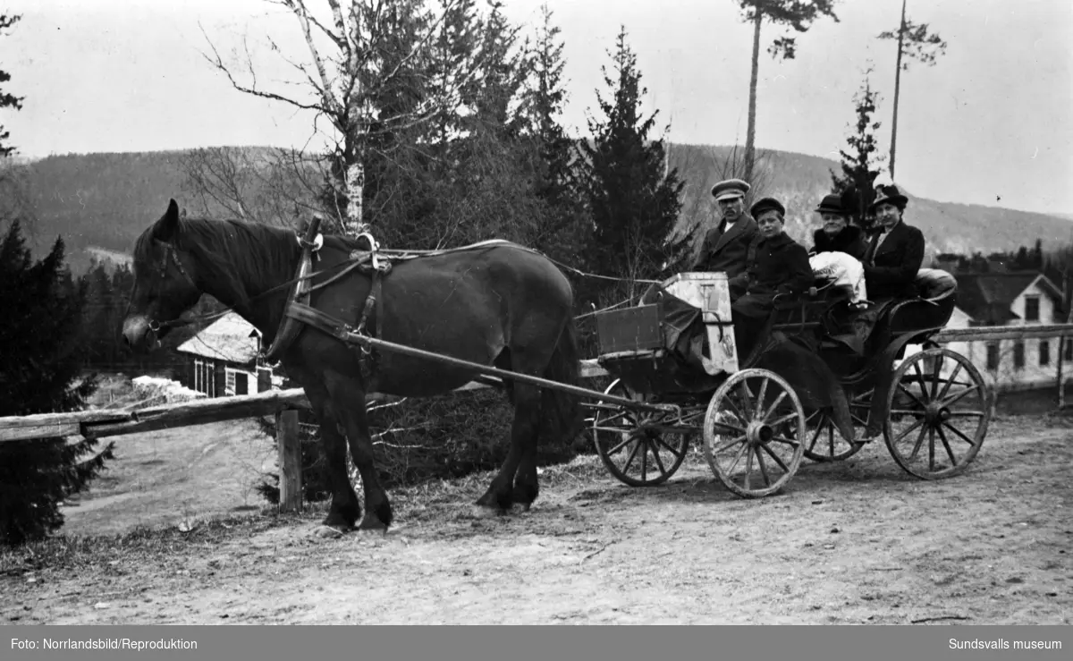 En man och en pojke samt två kvinnor på en hästskjuts på landsbygden. Reprofotografi för S. Nordenström, HSB.