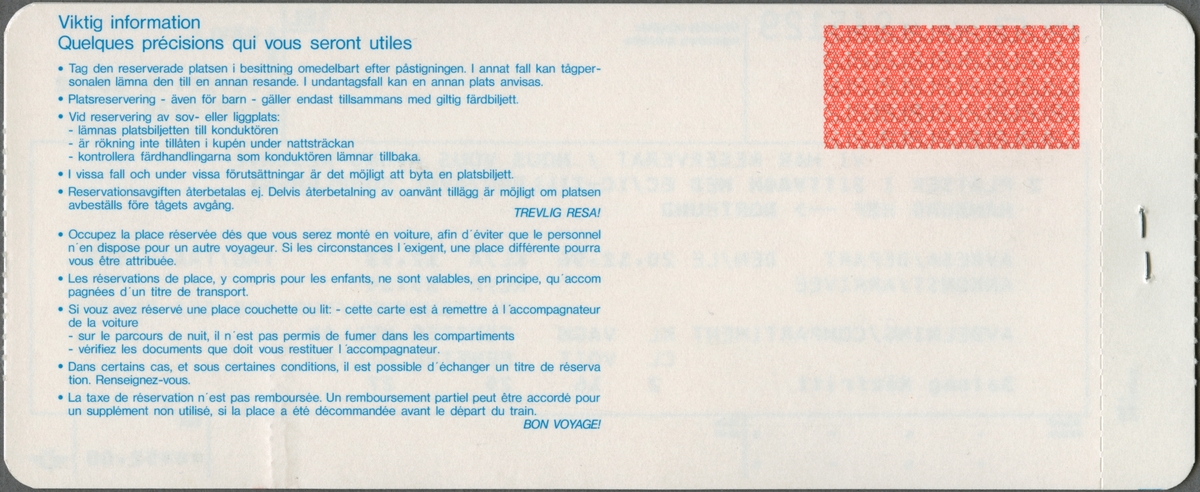 Fyra ihophäftade biljetter, varav två ljusblå mönstrade personalbiljetter och två orangemönstrade sittplatsbiljetter. De två ljusblå biljetterna har tryckt text i svart och skiljer sig endast åt beträffande platsnumret. Den första biljetten har texten:
"SJ PERSONTRAFIK BILJETT NATTÅGET Bädd
1 vuxen, SJ PERSONALBILJETT
STOCKHOLM C - KÖBENHAVN
torsdag 19 dec 1996
tåg 283 avg 22.30 ank 07.00 vagn 237 platsnummer 21 UNDER MIXAD 6-BÄDD
GÄLLER ENDAST FÖR INTERNATIONELL RESA
pris 85,00 kr GÄVLE".
Den andra biljetten har platsnummer "22".
Biljetterna har mönster av Statens Järnvägar, SJ's logga, vingarna med initialerna ovanför, som också är tryckt i svart i de vänstra övre hörnen. De har varsitt hål efter biljettång samt är perforerade på högra sidorna. Baksidorna har regler/bestämmelser för biljetterna.
Tredje biljetten har texten:
"VI HAR RESERVERAT 2 PLATSER I SITTVAGN MED EC/IC-TILLÄGG
KOEBENHAVN H --> HAMBURG HBF
AVRESA DEN 20.12.96 KL 07.30 TÅG 189 ANKOMST KL 12.23 AVDELNING KL 2 VAGN 21 PLATSNUMMER FÖNSTER 26 GÅNG 24 Plats med bord Rökfri
SEK ***96.00
Säljställets datumstämpel GÄVLE 01.12.96 18.02".
Fjärde biljeten har samma text som den tredje med undantag: 
"HAMBURG HBF --> DORTMUND
AVRESA DEN 20.12.96 KL 12.53 TÅG 523 ANKOMST KL 15.34 AVDELNING KL 2 VAGN 16 PLATSNUMMER FÖNSTER 25 MELLAN 27 Salong Rökfri
SEK*** 52.00".
På höger långsida finns stämplat i rött datum samt några andra siffror. I övrigt identisk med föregående bijett.
Biljetterna har mönster av linjer och cirklar, skrivfält med text i blått för särskilda uppgifter, rabatt och motiv. SJ's logga finns tryckt i blått högst upp till vänster på biljetterna. Texten på biljetterna står även på franska. Baksidorna har regler/bestämmelser för biljetterna på svenska och franska.