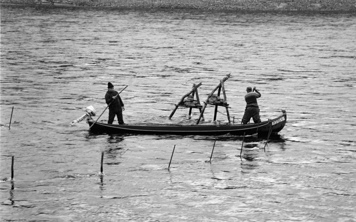Askak og Per Varsi setter ut stengsler som skulle brukes i posegarnfiske – buoððu – etter laks i Tana (Deatnu) i Finnmark.  Akkurat denne stengselsplassen – joddosadji – ligger like sør for bygdelaget Sirma.  Karene arbeidet fra en av de lange, smale elvebåtene som ble brukt i dette vassdraget.  Aslak sto i akterenden av båten og holdt den i posisjon ved hjelp av en båtshake, mens Per sto i baugen.  Karene plasserte garn staker som var drevet ned i elvebotnen og trefotete stativer med steintyngsler, som ble brukt der det ikke lot seg gjøre å få stakene så godt ned at de sto støtt i strømmen.  Denne fiskemåten ble praktisert i sommersesongen, på lavere vannstand og med roligere strømforhold enn under vårflommen i elva.  Fotografiet er tatt på St. Hansaften i 1975. 