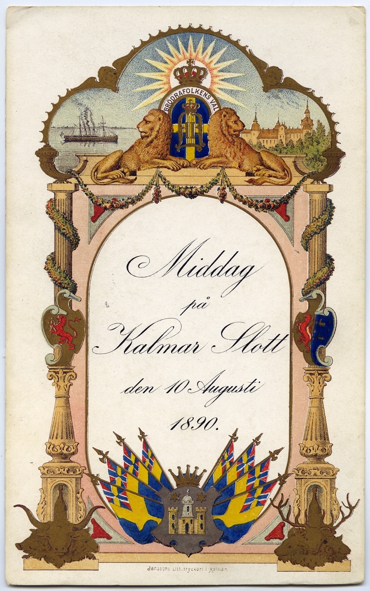 Inbjudningskort, musikprogram och bordsplacering vid kungamiddag i Kalmar 1890.