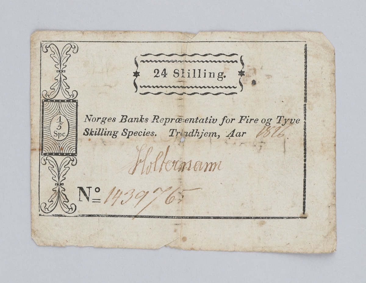 Norsk pengeseddel pålydende 24 Skilling Species (1/5 speciedaler) fra 1826.