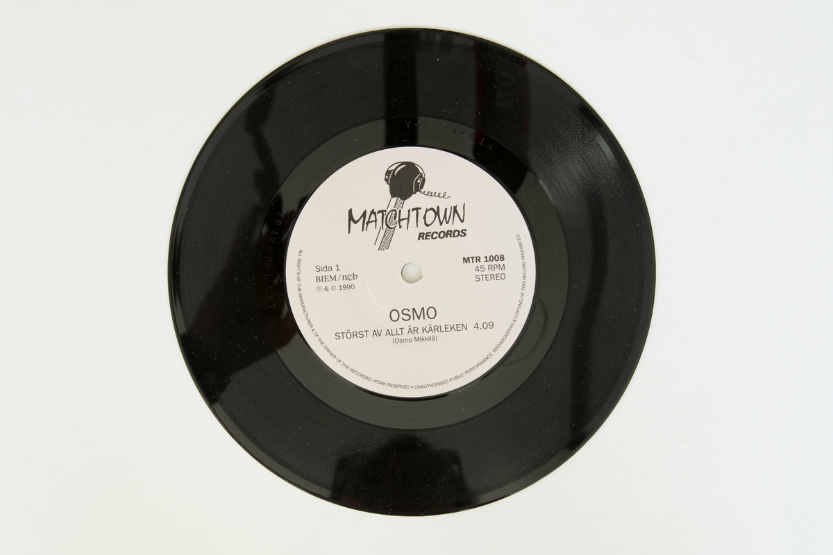 Singel-skiva av svart vinyl med vit pappersetikett, i omslag av vikt papper med tryckta fotografier, i plastficka.

Låtlista
Sida 1: Störst av allt är kärleken
Sida 2: Jumpin' blues

JM 55178:1, Skiva
JM 55178:2: Omslag/vikt papper
JM 55178:3, Plastficka