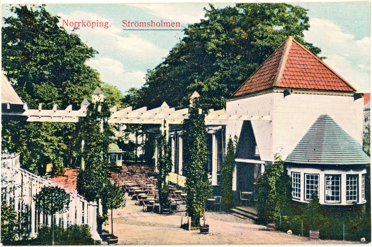 Strömsholmen Restaurant på Strömsholmen i Norrköping. Kolorerat vykort. Vy mot öster.
