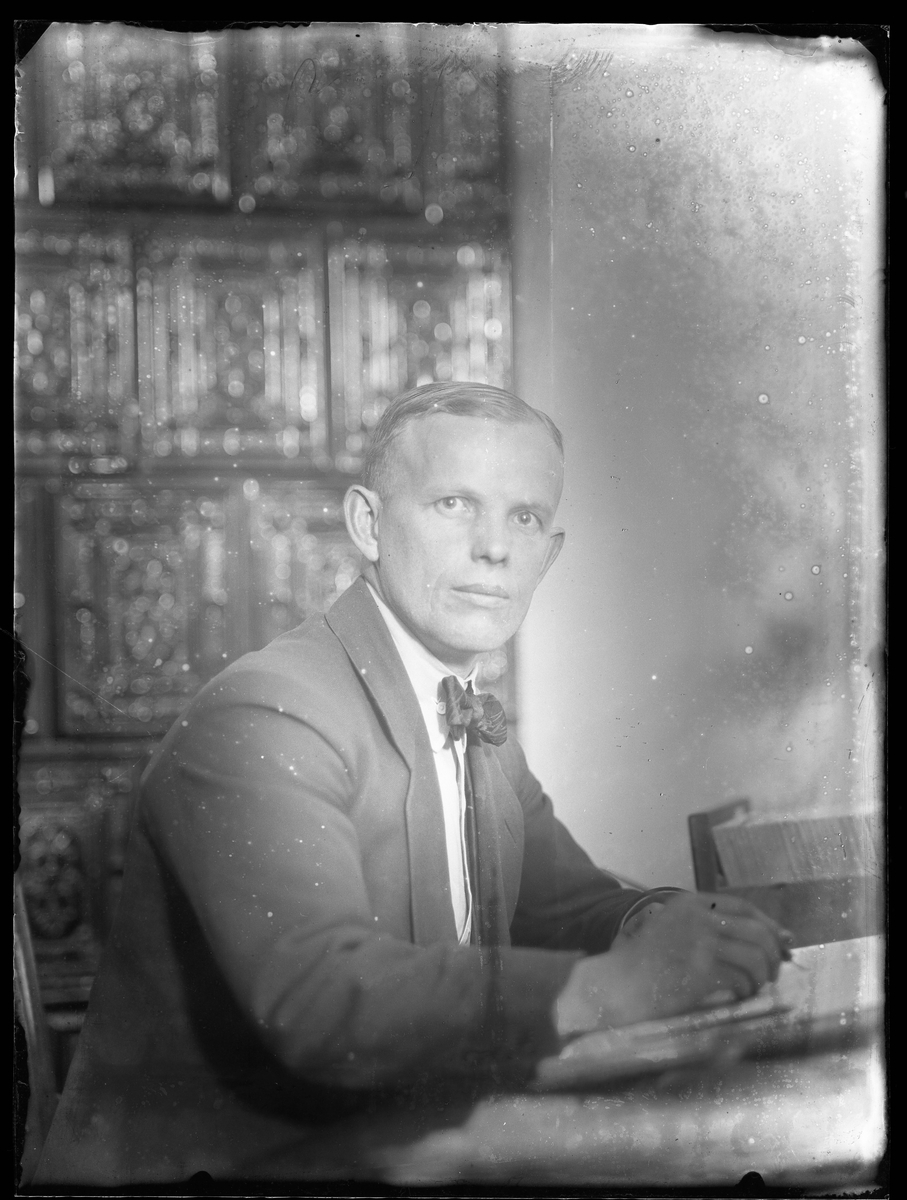 Hjalmar Nilsson porträtterad vid skrivbord framför en kakelugn.