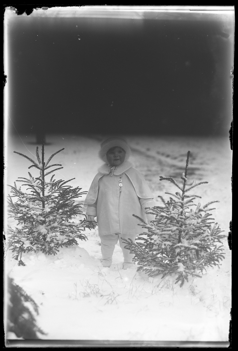 En liten flicka, tolkad som Elsa Margareta Berg, i vita vinterkläder står i snön mellan två små granar. I fotografens anteckningar står det "Ing[enjör] Bergs flicka". Bilden är inte helt exponerad.