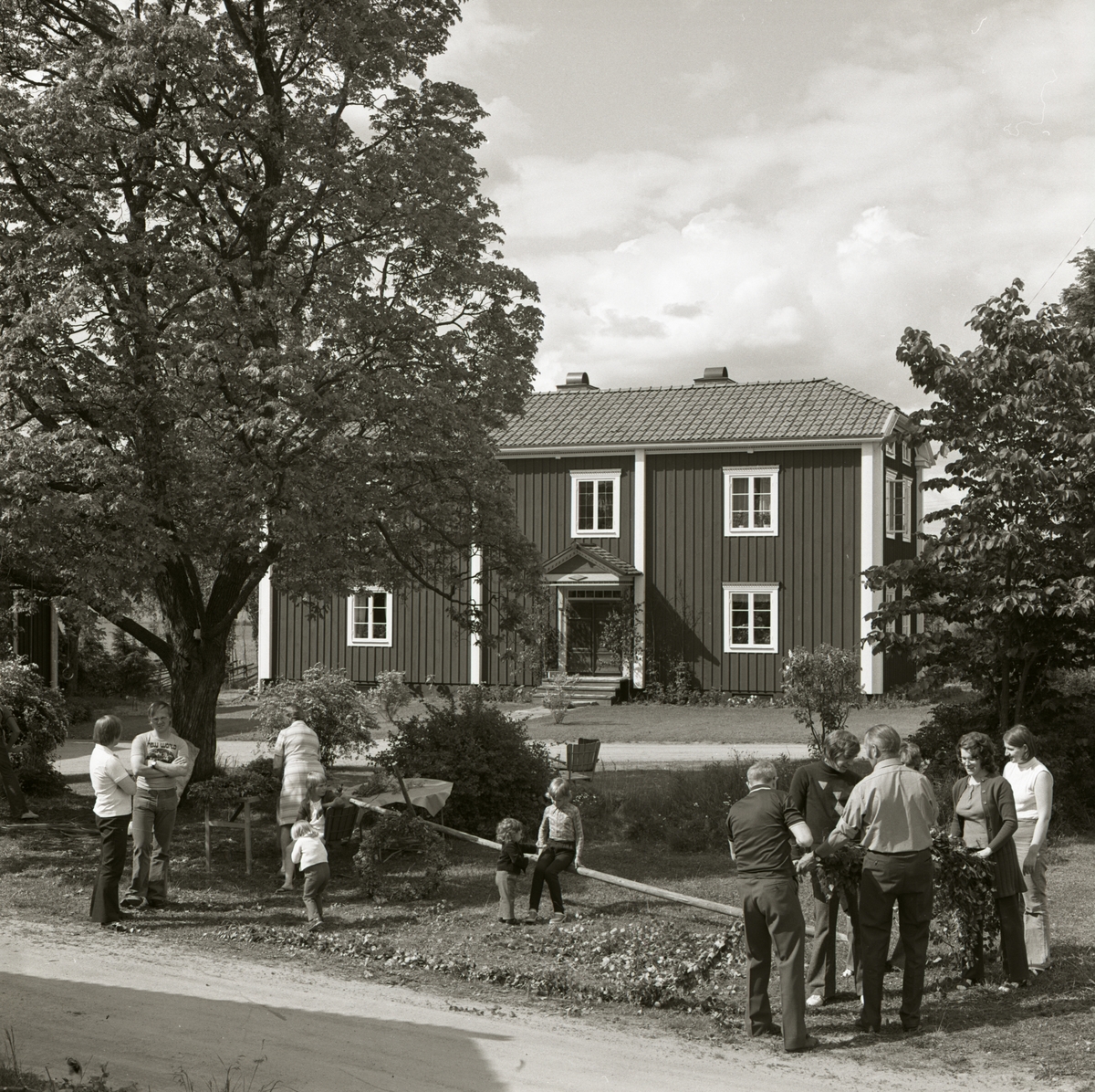 En grupp människor klär midsommarstången vid gården Sunnanåker, 1972.