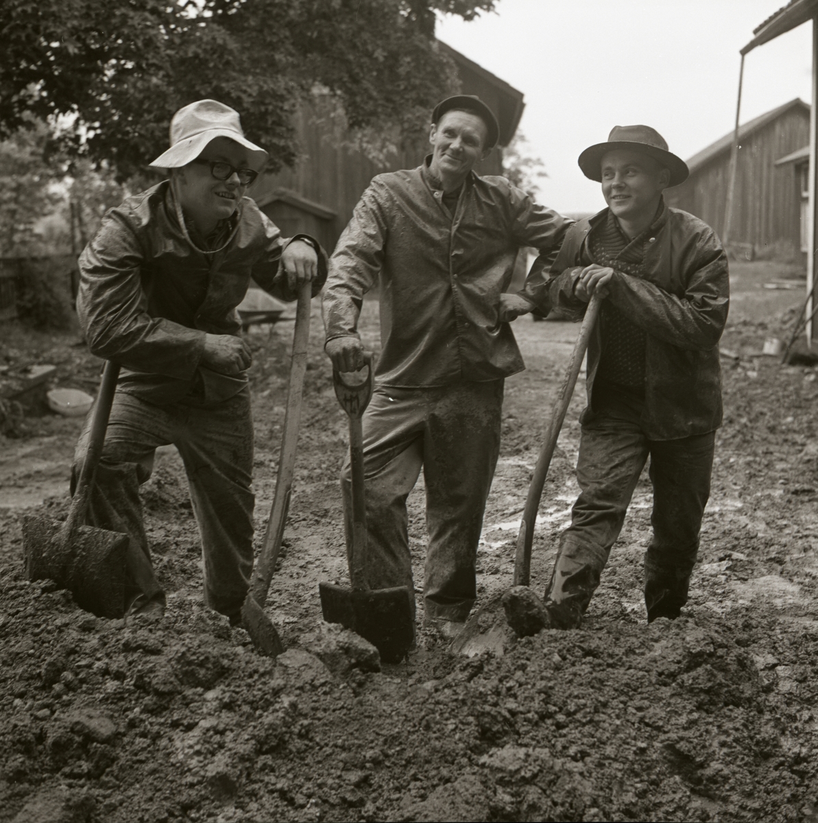 Hilding och sönerna står och lutar sig mot varsin spade i en jordhög, 1967.