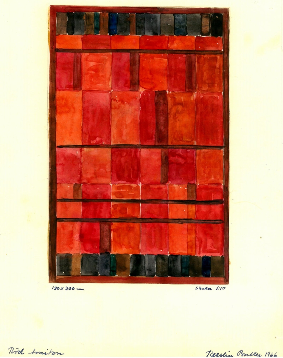 Skiss till rölakansmatta "Röd toniton"
Formgivare: Kerstin Butler 1966
"Komponerad och vävd för tingssalen i Södra Möre Domsagas tingshus. Matta i rölakan."