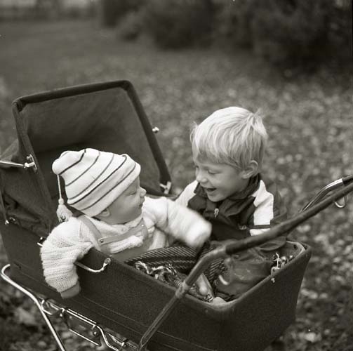 Två barn sitter i en barnvagn. Det ena äldre barnet håller en arm bakom det andra yngre barnet, 1984.