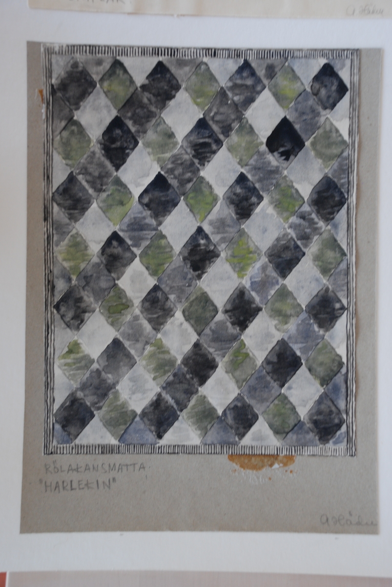 Förslag till mattor i rölakan komponerade av Anna Hådell. Med garnprov.