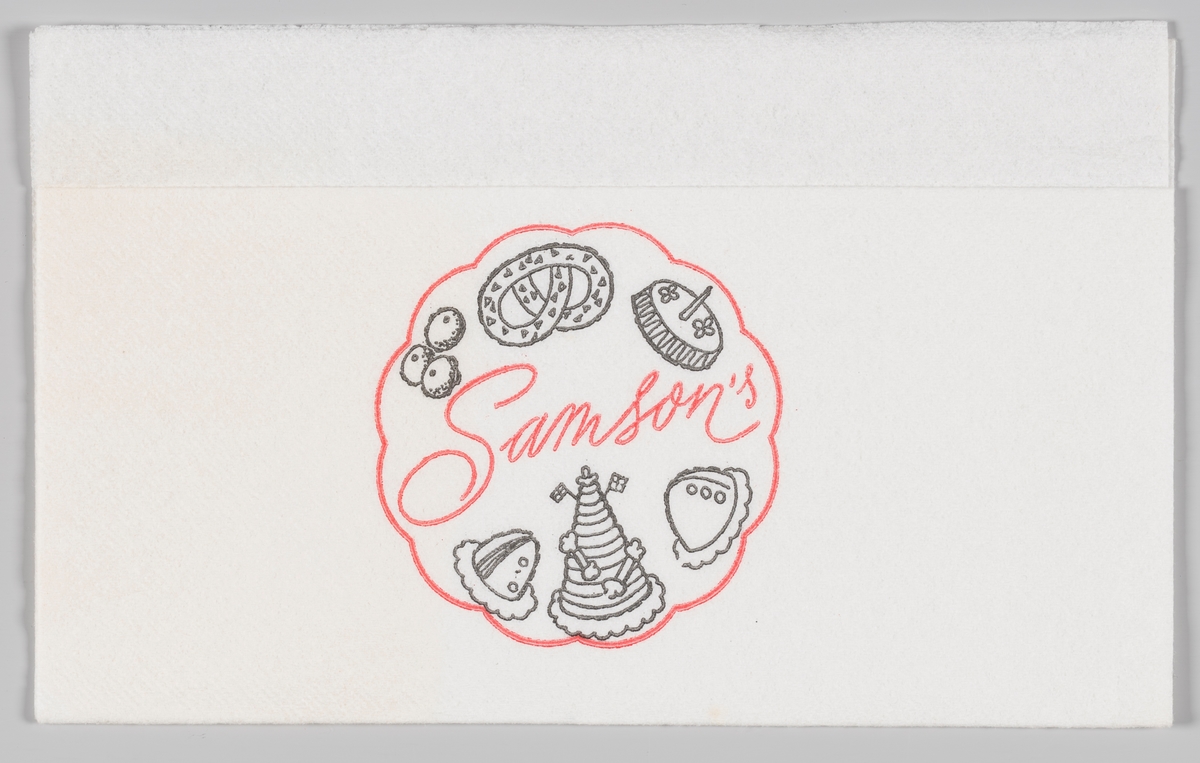 Tegninger av kaker og reklameteksten Samson`s

Wilhelm Bismark Samson startet sitt første bakeri i 1894 på Egertorget i Kristiania.

Reklame for Samson på serviettene MIA.00007-004-0001 til MIA.00007-004-0006