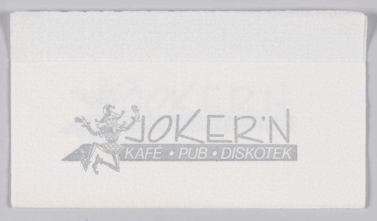 Tegning av en joker og reklametekst for Joker`n kafe, pub og diskotek.