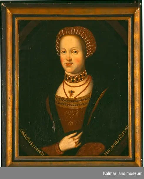 Porträtt av Birgitta Birgersdotter, Den heliga Birgitta, i 1500-tals dräkt. Midjebild, en face.