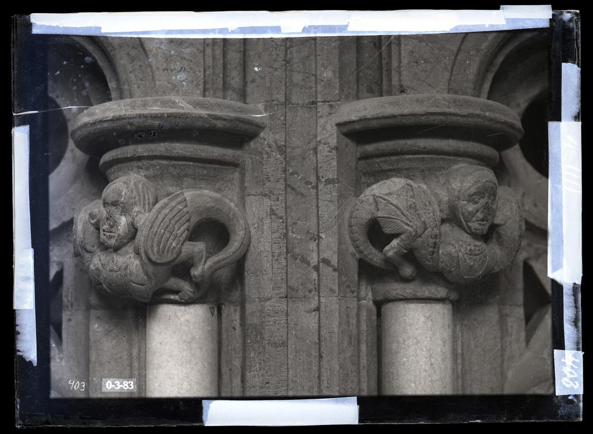 Tvillingkapitel i oktogonen i Nidarosdomen. Fabeldyr med menneskeansikt. Fra Walkendorfs ombygging i 1510-20.