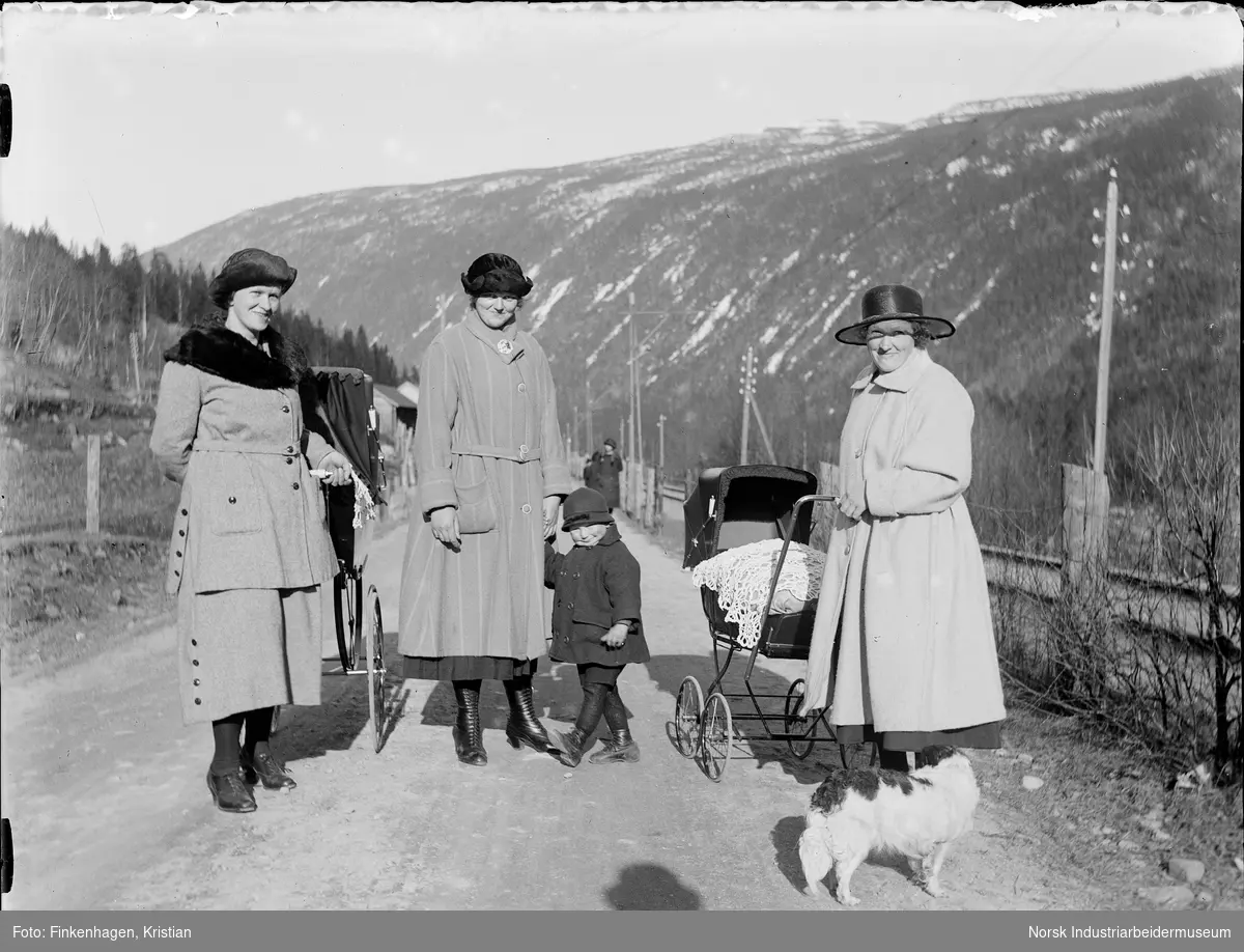 Damer og barn med barnevogn og hund på Tvergrot.