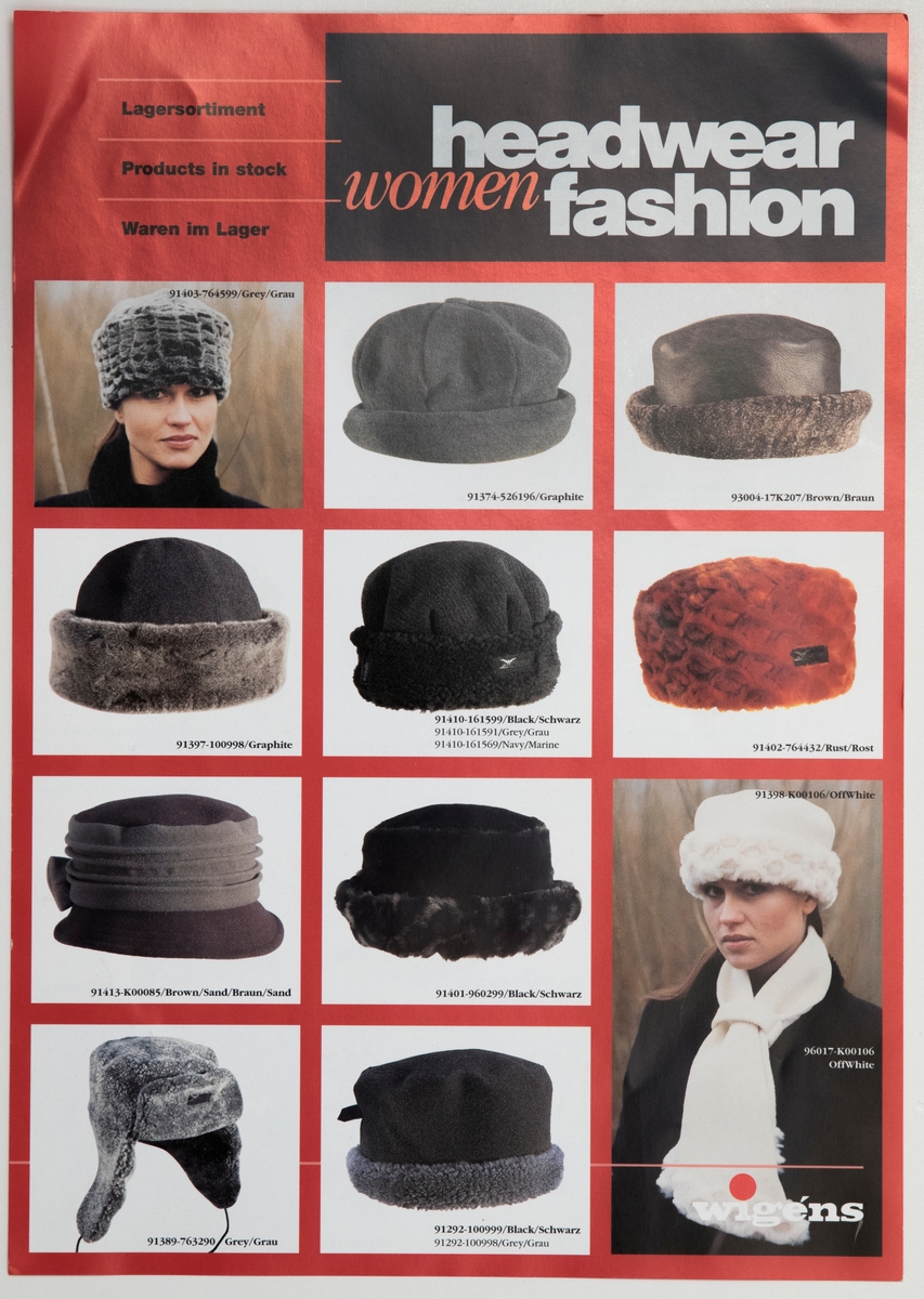 Katalogblad, pappersark med färgtryck för hatt- och mössmodeller till dam.