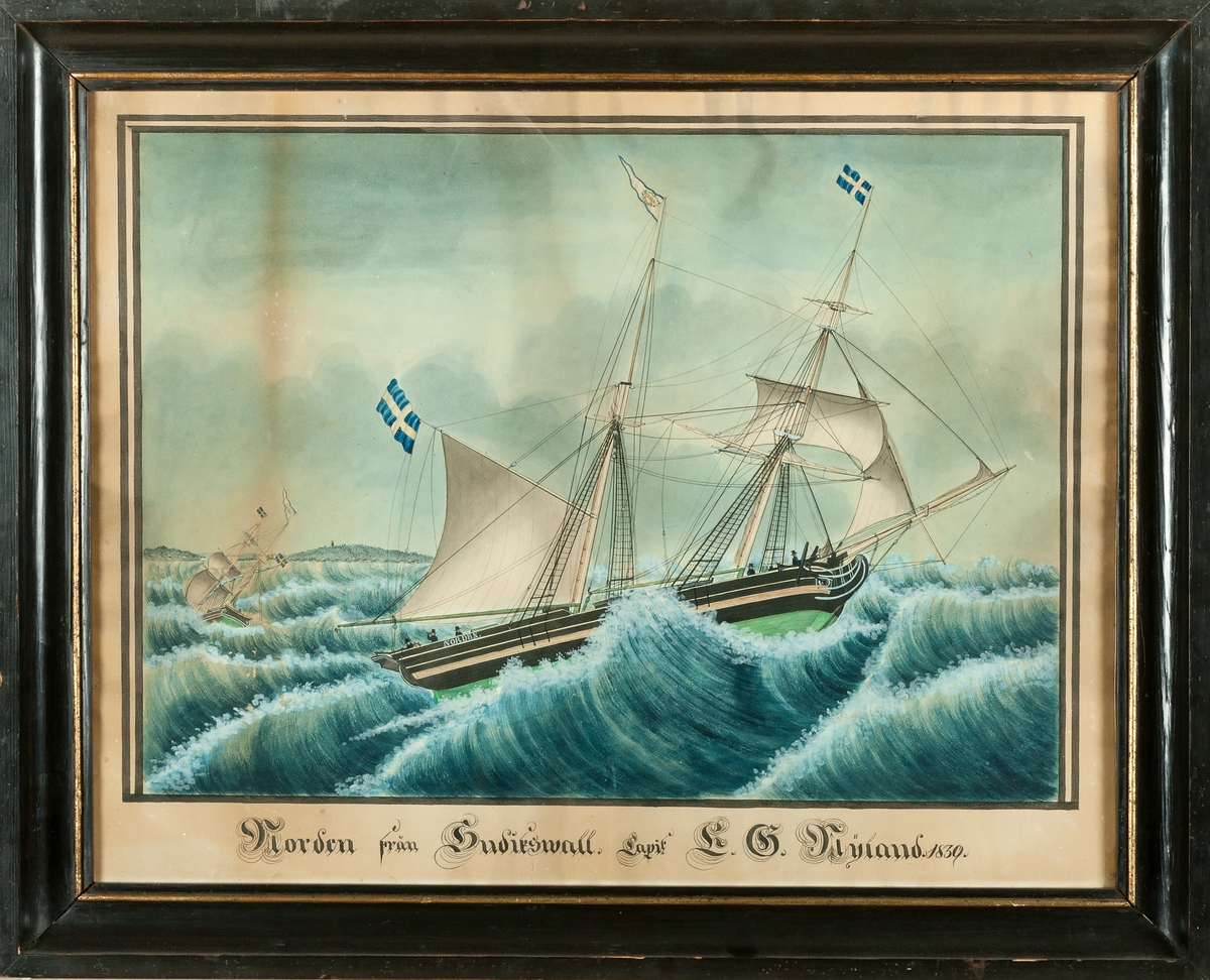 Akvarell och lavering som avbildar segelfartyget Norden, Hudiksvall, E. G. Nyland. 1839.