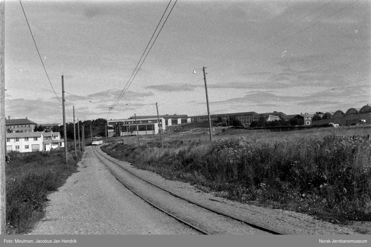 Trondheim Sporvei sporvogn på enkeltsporstrekningen på rute 2 over "Nobø-jordet" mellom holdeplassene Lade kirke og Ringve skole, som sees midt i bildet. Sjømenns Aldershjem ("Sjømannshjemmet") bak til venstre.