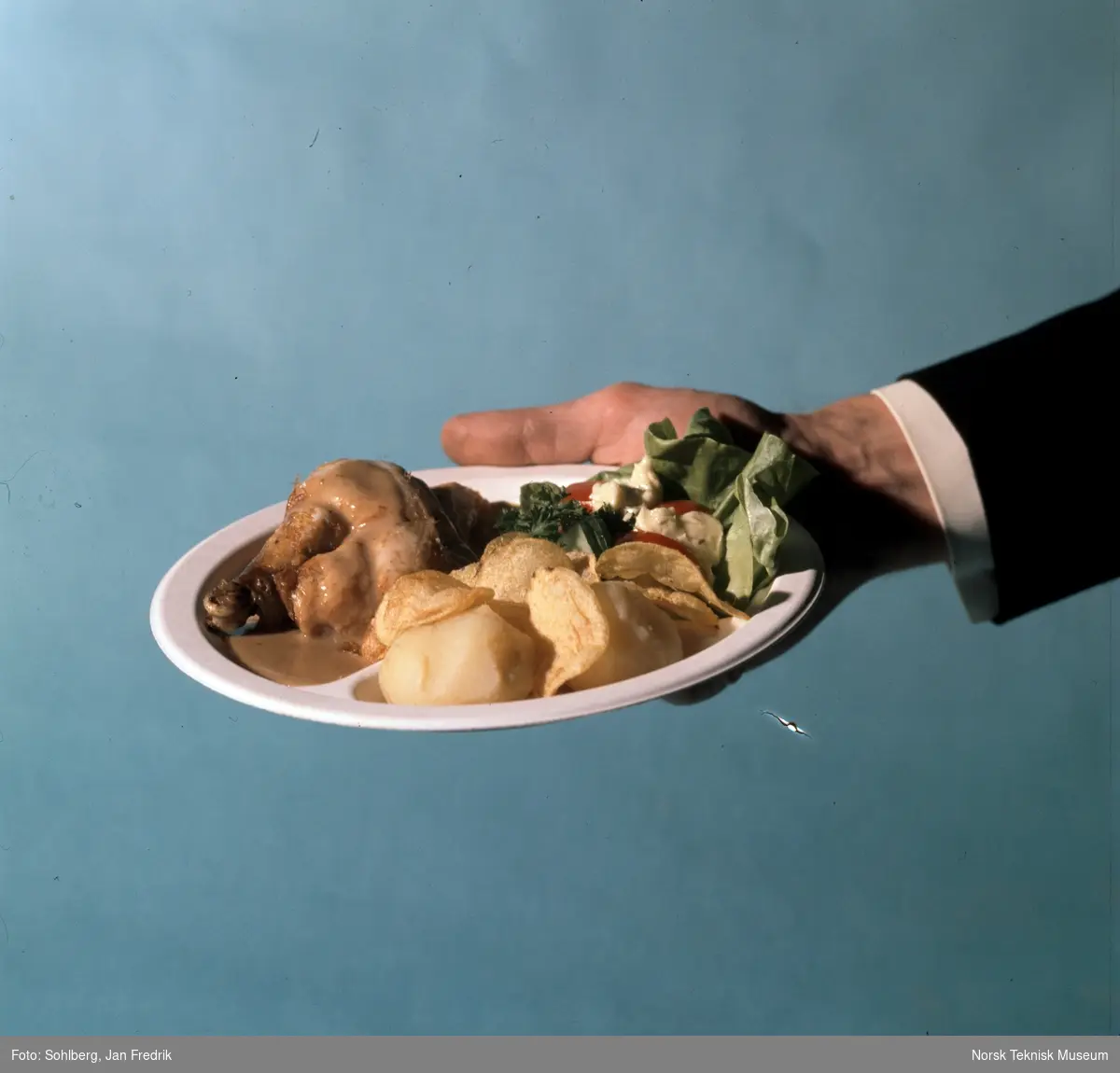 Reklamefoto for papptallerken . På tallerkenen er det dandert en middagsrett.
