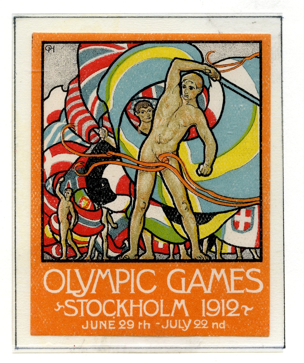 Fire frimerker med bilde av den offisielle plakaten for sommerlekene i Stockeholm 1912. Frimerkene viser en atlet med vaiende svensk flagg, og flere flagg og atleter i bakgrunnen. Frimerkene har tekst på ulike språk, og med ulike bokstaver.