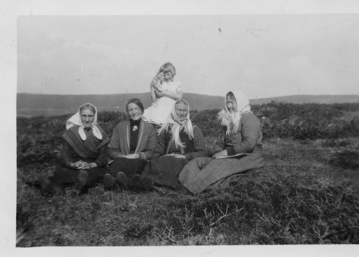 4 kvinner sitter i finstasen ,ei jente med katt på Trøllhøvd, Vestre Slidre.