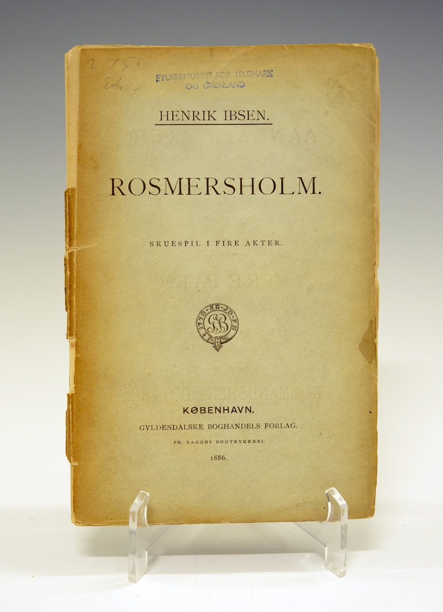 Ibsen, Henrik: Rosmersholm. Uinnbundet.
Førsteutgave 1886.