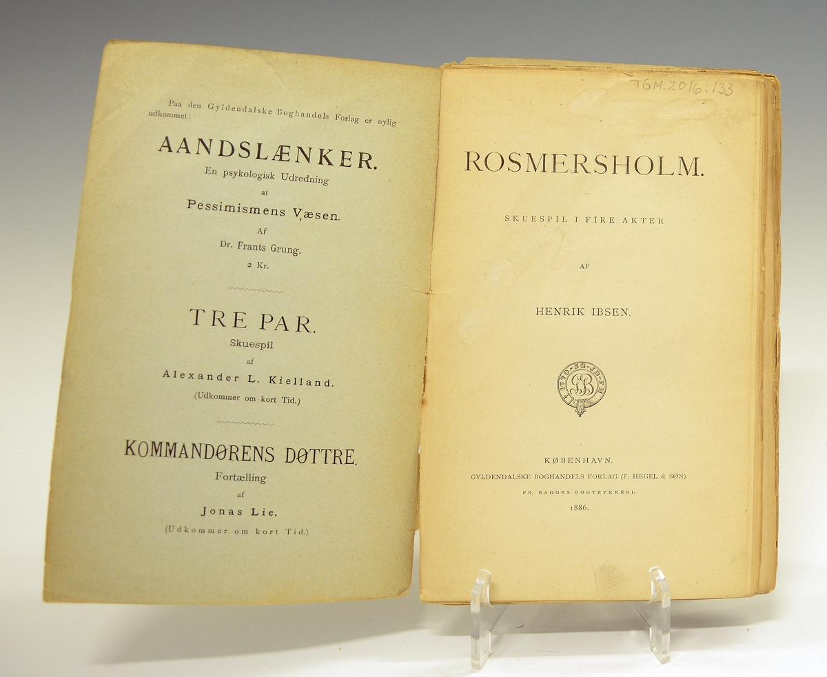 Ibsen, Henrik: Rosmersholm. Uinnbundet.
Førsteutgave 1886.