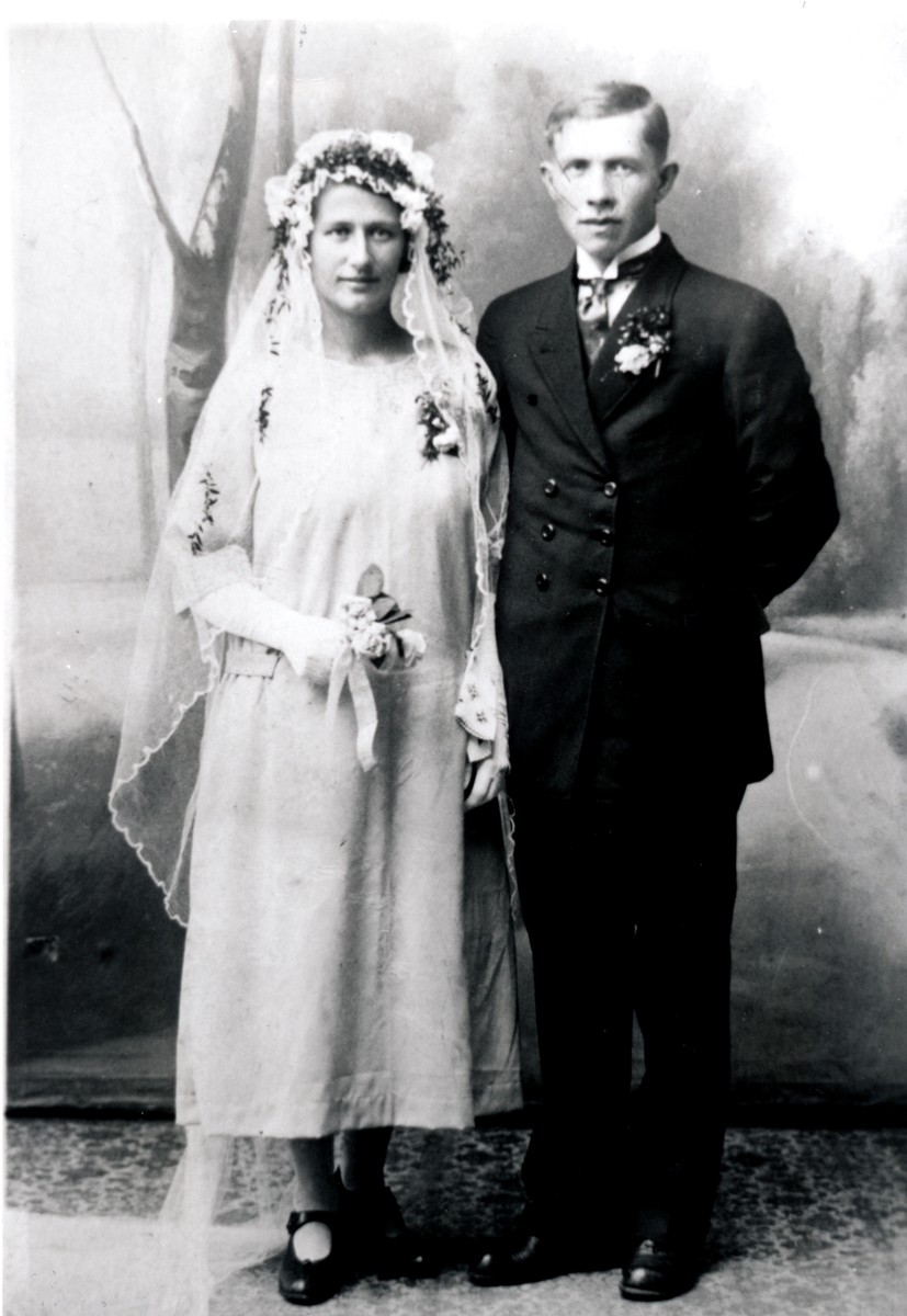 Bryllupsbilde av Marianne og Ingvald Johansen, Skrolsvik i Tranøy. 1918-1920.