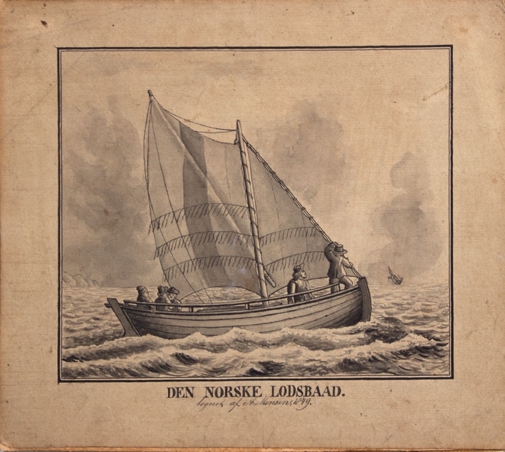 Tegning av "Den Norske Losbaad"med full seilføring. Ser tilsammen fem av mannskapet ombord, hvor en står i baugen og speider etter skip.