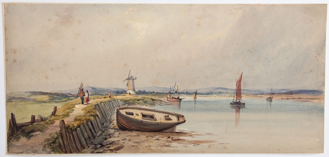 Akvarell som viser en strand med båter og to vindmøller sees på land. En mann og kvinne går på en molo, mannen bærer på fiskeredskap. Ser også fiskefartøy med seil på sjøen.