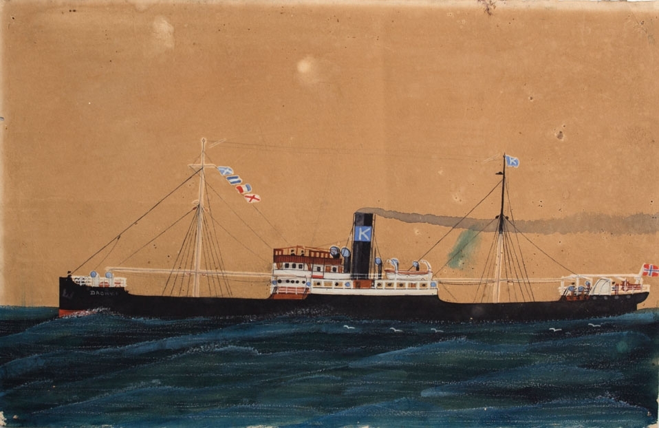 Skipsportrett av dampskipet DAGNY I under fart i åpen sjø. Norsk flagg akter.