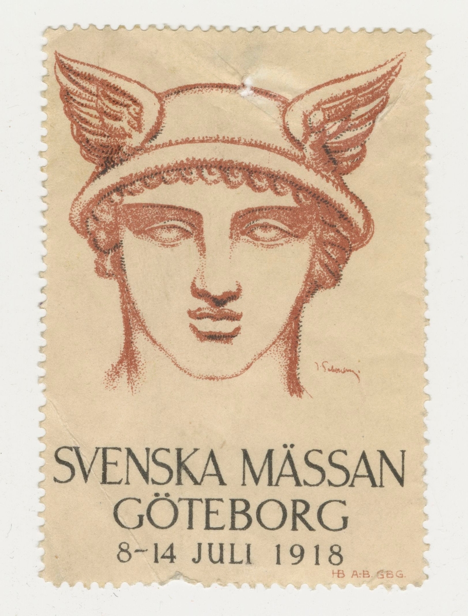 Ett mräke för Svenska Mässan i Göteborg 8-14 juli 1918. Ingår i en samling välgörenhetsmärken.