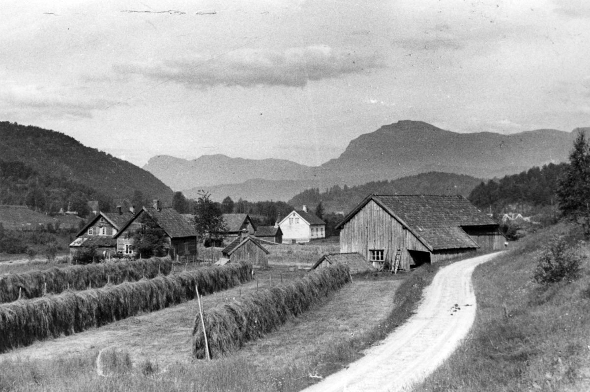 Mo i Sandsbygda på 50-tallet. I forgrunnen er det mange hesjer og i bakgrunnen er det flere gårdsbygninger. Litlehaga bru over Suldalslågen ligger bak til høyre.