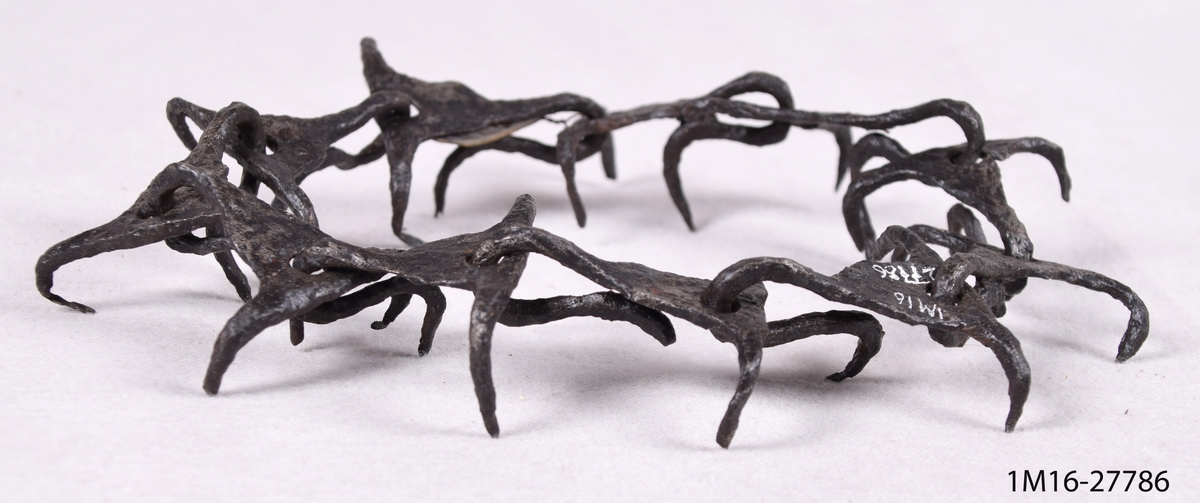 Hundhalsband av metall mot vargar, ovanliga länkar, tresidiga delar med två kortare taggar och en tredje längre tagg, som är flätad i bredvidliggande länk.
