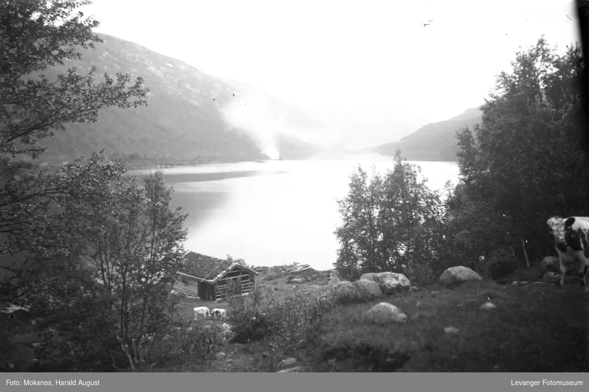 Landskap med innsjø eller fjord et naust ekller ei bu i forgrunnen.