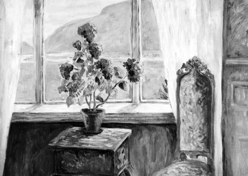 Maleri. Interiør, høyrygga stol med gyldenlær foran bord med blomster i vase, vindu med utsikt over elv og åsrygg. To like negativer