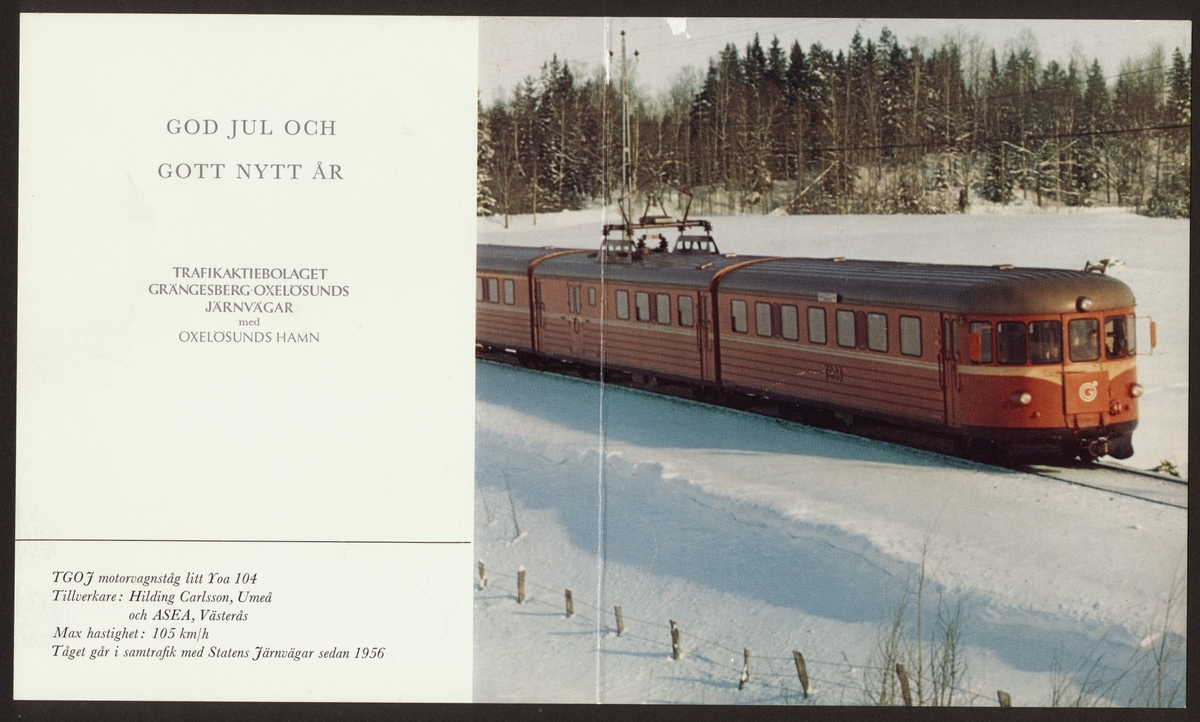 Uppvikt julkort från TGOJ med motiv föreställandes Trafikaktiebolaget Grängesberg – Oxelösunds Järnvägar, TGOJ Yoa 104 i vinterlandskap.