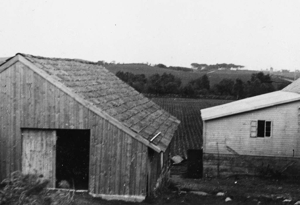 Uthusbygninganr på Norheim i omlag 1950. Bygningen til venstre er torvløa med smalhus(sauhus) i underetasjen. Murane her var sett opp av store gråsteinar utan sement - dei er borte nå i 1986.