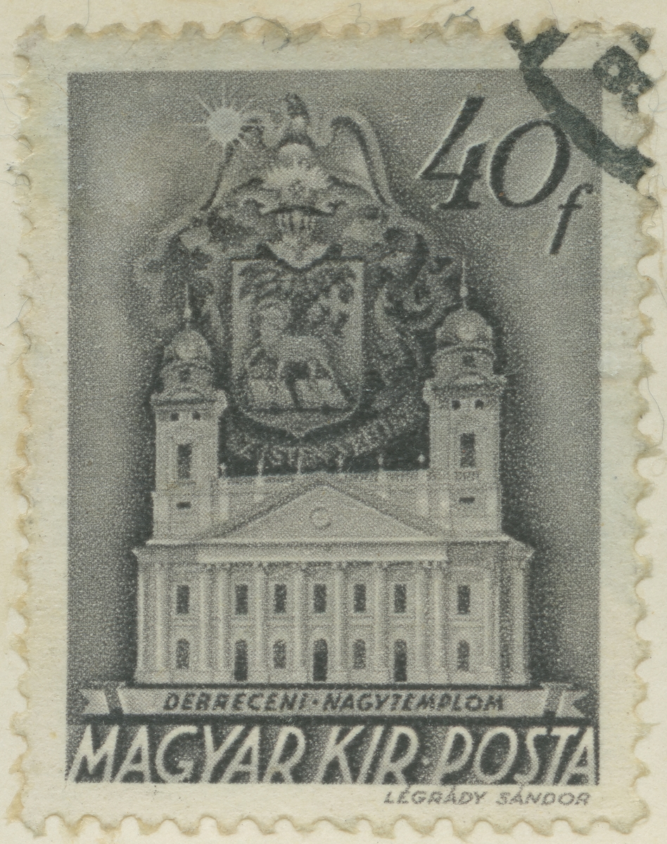 Frimärke ur Gösta Bodmans filatelistiska motivsamling, påbörjad 1950.
Frimärke från Ungern, 1939. Motiv av Reformertakyrkan i Debrecen.