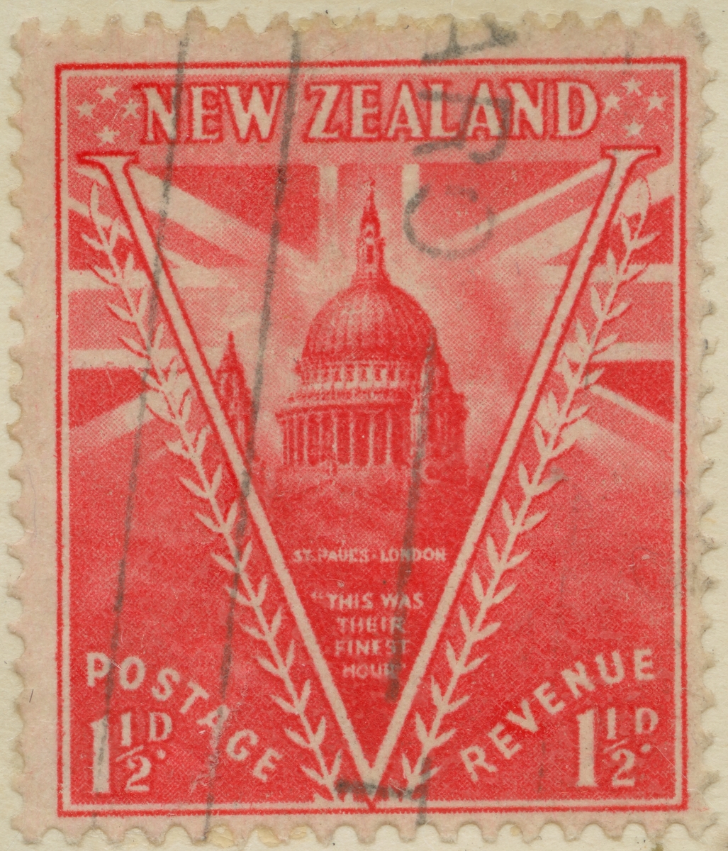 Frimärke ur Gösta Bodmans filatelistiska motivsamling, påbörjad 1950.
Frimärke från Nya Zeeland, 1946. Motiv av St. Paulskatedralen i London.