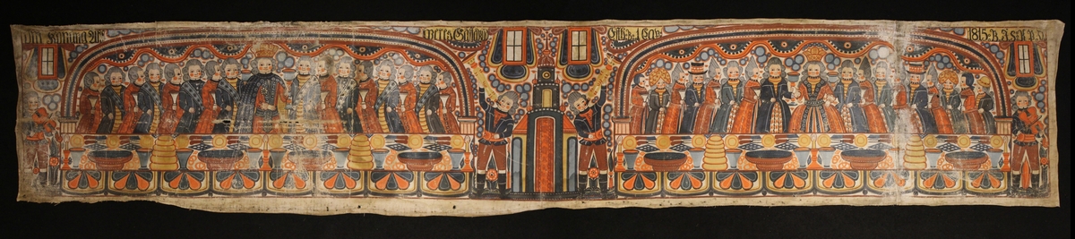 Ahasverus gästabud med kungen till vänster omgiven av manliga gäster och till höger drottning Vastis omgiven av kvinnliga gäster. Framför dem båda ett rikligt dukat bord. I mitten två män som blåser i instrument.