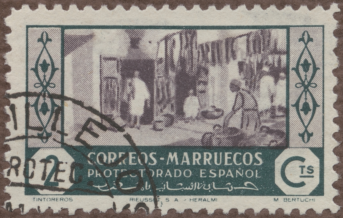 Frimärke ur Gösta Bodmans filatelistiska motivsamling, påbörjad 1950.
Frimärke från Spanska Marocko, 1946. Motiv av färgare.