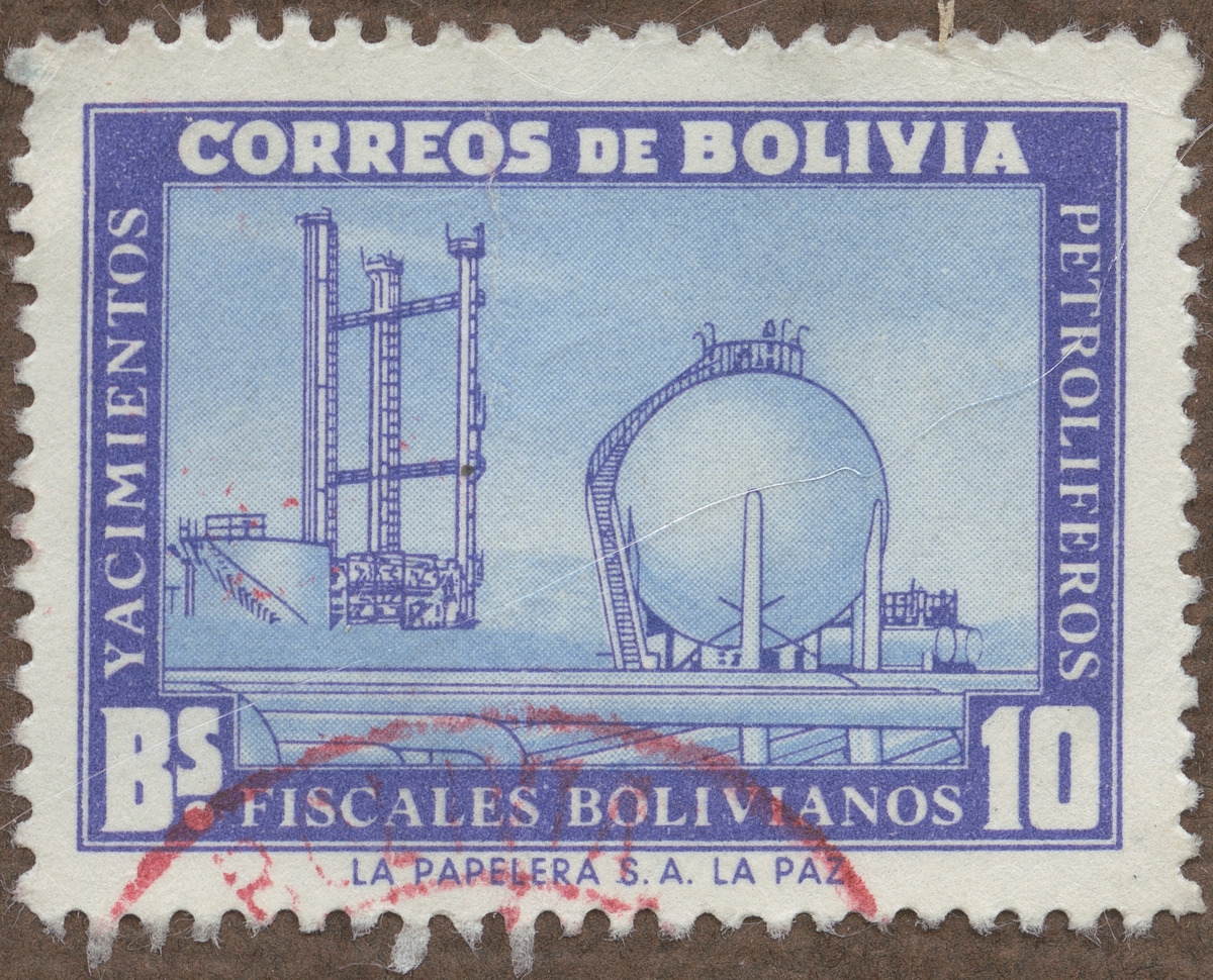 Frimärke ur Gösta Bodmans filatelistiska motivsamling, påbörjad 1950.
Frimärke från Bolivia, 1955. Motiv av raffinaderi för petroleum.