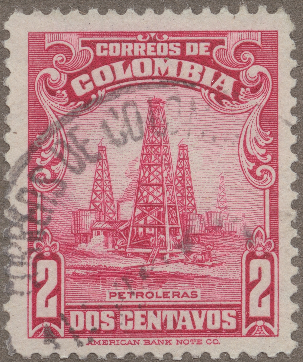Frimärke ur Gösta Bodmans filatelistiska motivsamling, påbörjad 1950.
Frimärke från Colombia, 1935. Motiv av petroleumtorn.