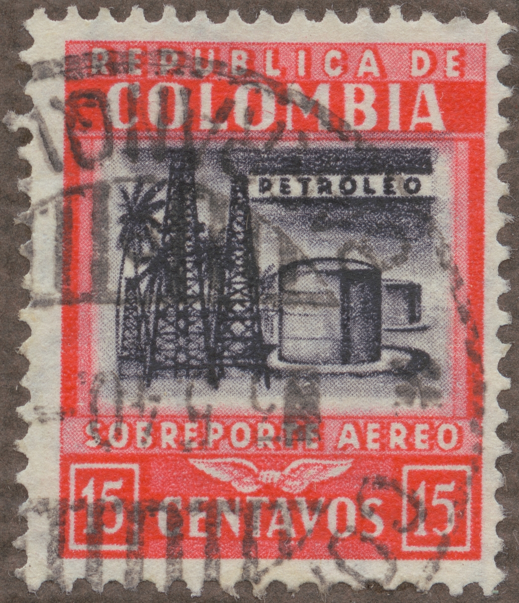Frimärke ur Gösta Bodmans filatelistiska motivsamling, påbörjad 1950.
Frimärke från Colombia, 1939. Motiv av petroleumanläggning.