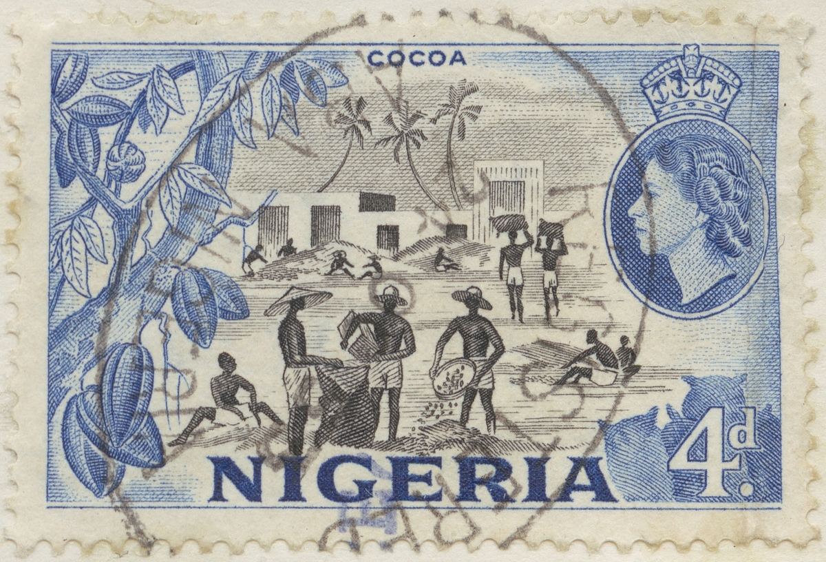 Frimärke ur Gösta Bodmans filatelistiska motivsamling, påbörjad 1950.
Frimärke från Nigeria, 1953. Motiv av skörd av kakao.