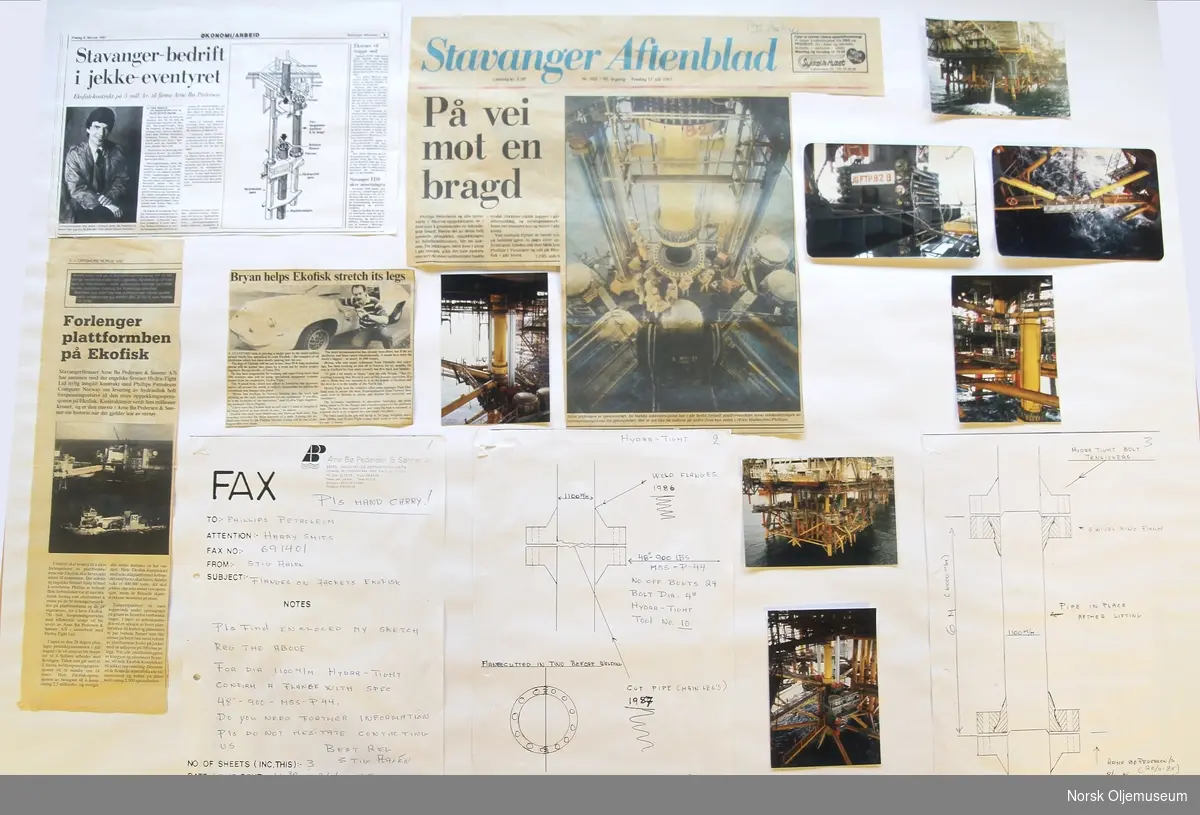 En montasje bestående av fire avisutklipp, tre illustrasjoner og syv fotografier, som viser teknikken og forteller historien om oppjekkingen av Ekofisk.
