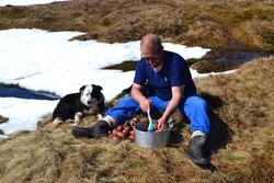 Asbjørn Haga vasker poteter sammen med hundene sine, Lissi o