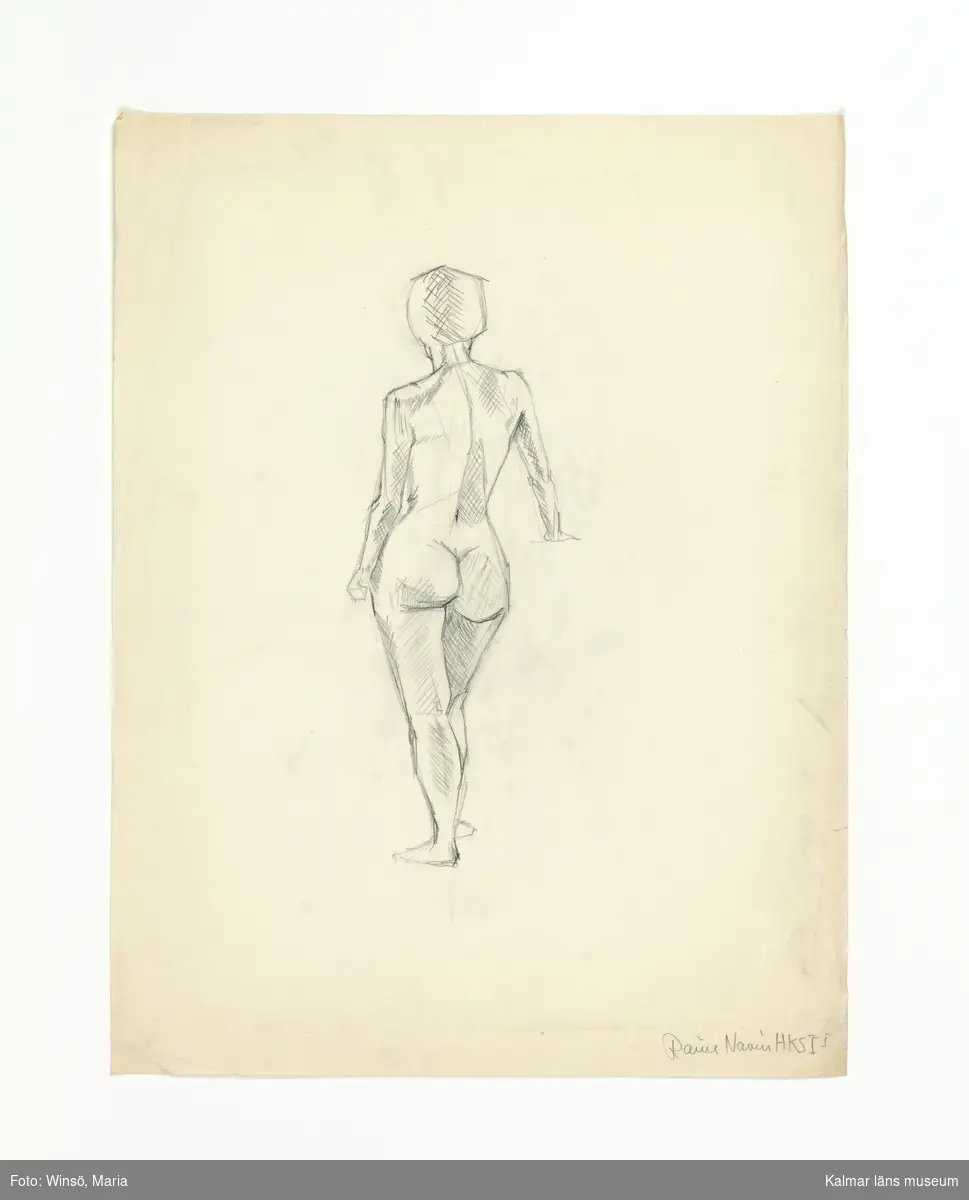 Skiss av en stående, naken kvinna, tecknad bakifrån.